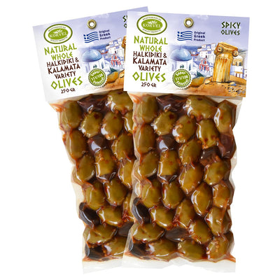 KORVEL Greek Olives - Kalamata-Halkidiki with Paprika - set of two packs, 2 x 250g - 500g - Vacuum Pack
