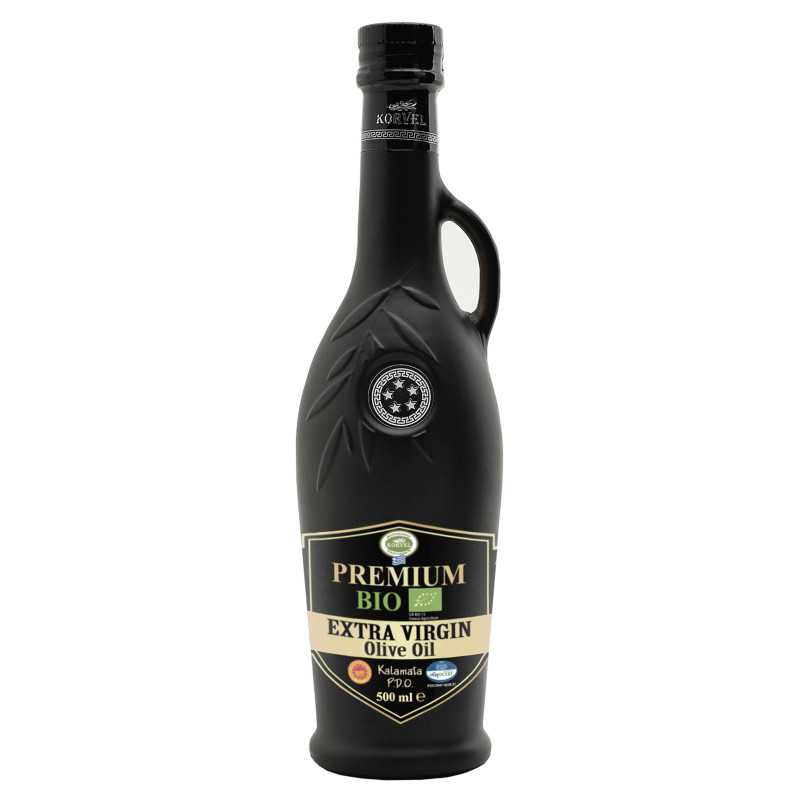 KORVEL MEDITERRANEAN QUALITY PRODUCTS>Grecka oliwa z oliwek Extra Virgin Premium Organic PDO Kalamata, KORVEL, czarna amfora, 500 ml>BIO Oliwa z oliwek extra virgin (organiczna)