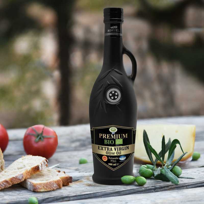 KORVEL MEDITERRANEAN QUALITY PRODUCTS>Graikiškas ypač tyras alyvuogių aliejus Premium Organic PDO Kalamata, KORVEL, juoda amfora, 500 ml>BIO ypač tyras alyvuogių aliejus (ekologiškas)