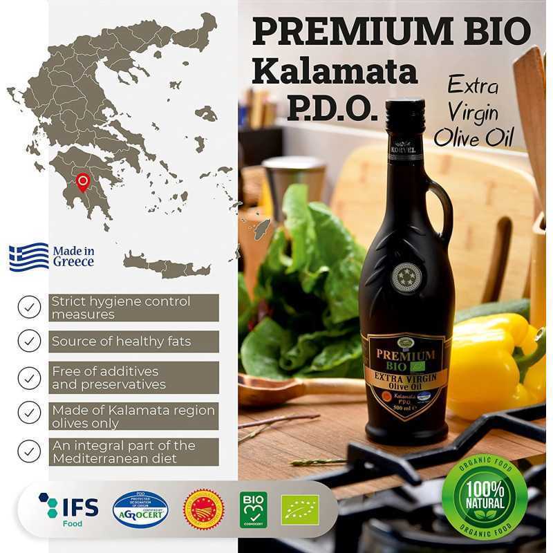 KORVEL MEDITERRANEAN QUALITY PRODUCTS>Graikiškas ypač tyras alyvuogių aliejus Premium Organic PDO Kalamata, KORVEL, juoda amfora, 500 ml>BIO ypač tyras alyvuogių aliejus (ekologiškas)