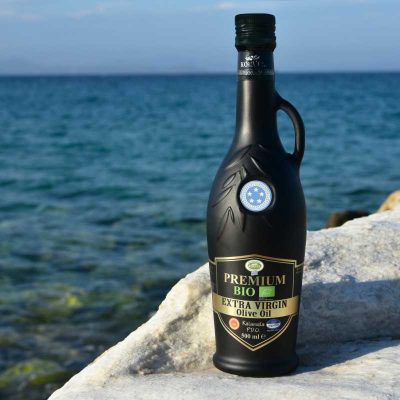 KORVEL MEDITERRANEAN QUALITY PRODUCTS>Graikiškas ypač tyras alyvuogių aliejus Premium Organic PDO Kalamata, KORVEL, juoda amfora, 500 ml>BIO ypač tyras alyvuogių aliejus (ekologiškas)