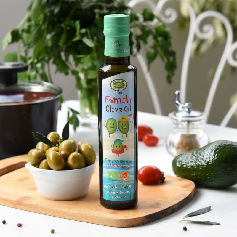 KORVEL MEDITERRANEAN QUALITY PRODUCTS>Graikiškas ekologiškas ypač tyras alyvuogių aliejus Family Premium PDO Kalamata, KORVEL, Dorica, 250 ml>BIO ypač tyras alyvuogių aliejus (ekologiškas)