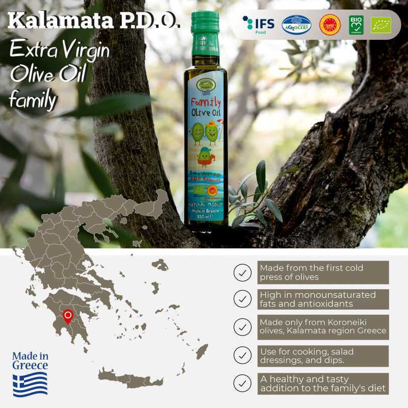 KORVEL MEDITERRANEAN QUALITY PRODUCTS>Graikiškas ekologiškas ypač tyras alyvuogių aliejus Family Premium PDO Kalamata, KORVEL, Dorica, 250 ml>BIO ypač tyras alyvuogių aliejus (ekologiškas)