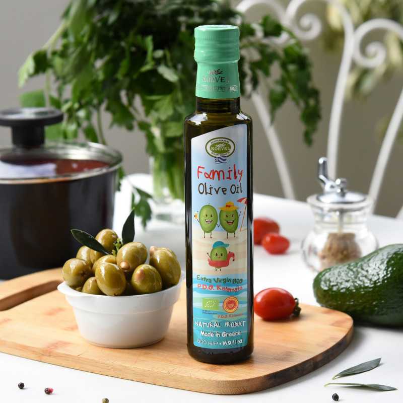 Greek Organic Extra Virgin Olive Oil Family Premium PDO Kalamata, KORVEL, Dorica, 16.9 FL OZ