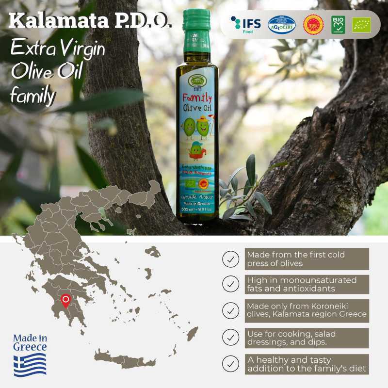 KORVEL MEDITERRANEAN QUALITY PRODUCTS>Graikiškas ekologiškas ypač tyras alyvuogių aliejus Family Premium PDO Kalamata, KORVEL, Dorica, 500 ml>BIO ypač tyras alyvuogių aliejus (ekologiškas)