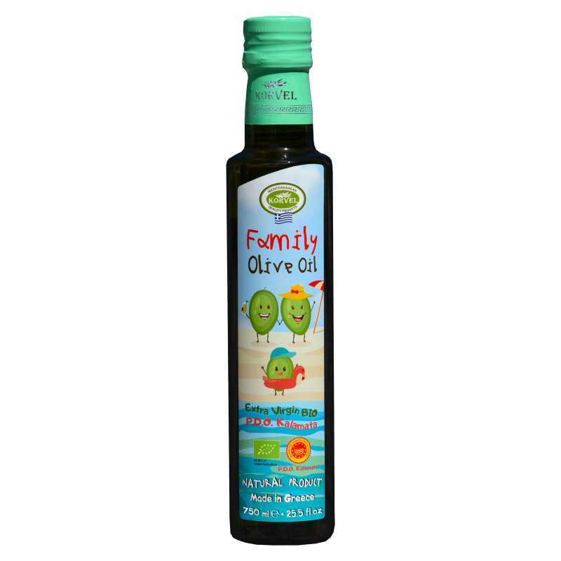 KORVEL MEDITERRANEAN QUALITY PRODUCTS>Graikiškas ekologiškas ypač tyras alyvuogių aliejus Family Premium PDO Kalamata, KORVEL, Dorica, 750 ml>BIO ypač tyras alyvuogių aliejus (ekologiškas)