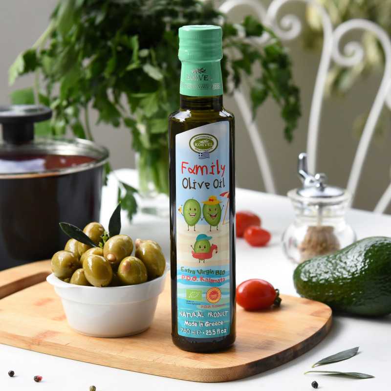 Greek Organic Extra Virgin Olive Oil Family Premium PDO Kalamata, KORVEL, Dorica, 25.35 FL OZ