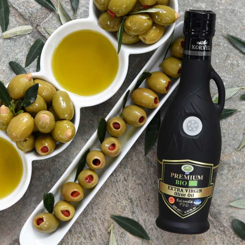 KORVEL MEDITERRANEAN QUALITY PRODUCTS>Graikiškas ekologiškas ypač tyras alyvuogių aliejus Premium SKVN Kalamata, KORVEL, juoda amfora, 250 ml>BIO ypač tyras alyvuogių aliejus (ekologiškas)