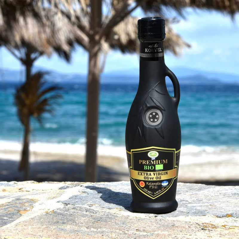 KORVEL MEDITERRANEAN QUALITY PRODUCTS>Graikiškas ekologiškas ypač tyras alyvuogių aliejus Premium SKVN Kalamata, KORVEL, juoda amfora, 250 ml>BIO ypač tyras alyvuogių aliejus (ekologiškas)