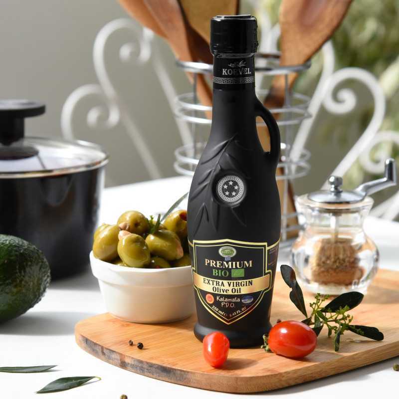 KORVEL MEDITERRANEAN QUALITY PRODUCTS>Görög extra szűz olívaolaj prémium bio OEM Kalamata, KORVEL, fekete amfora, 250 ml>BIO extra szűz olívaolaj (bio)