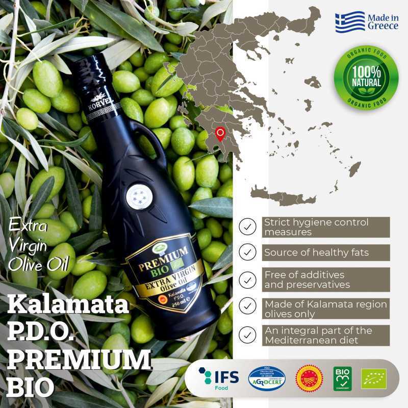 KORVEL MEDITERRANEAN QUALITY PRODUCTS>Graikiškas ekologiškas ypač tyras alyvuogių aliejus Premium SKVN Kalamata, KORVEL, juoda amfora, 250 ml>BIO ypač tyras alyvuogių aliejus (ekologiškas)