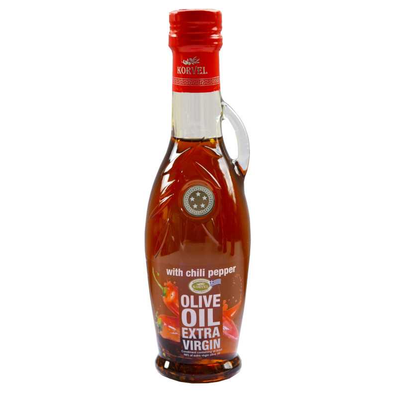 Greek Extra Virgin Olive Oil with Chili Pepper - KORVEL 250ml Glass Amphora Bottle - Premium Quality & Unique Flavor