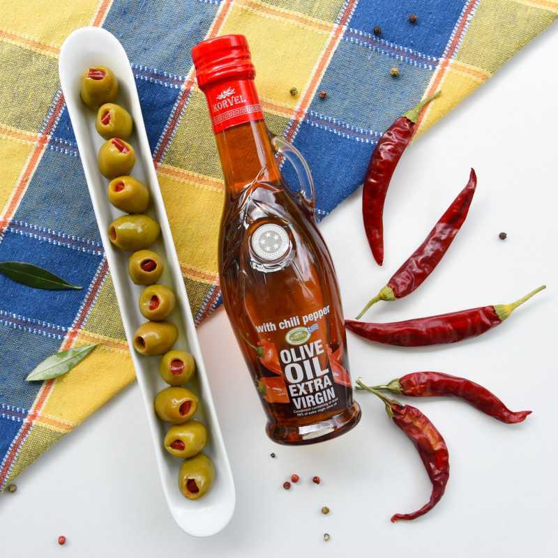 KORVEL MEDITERRANEAN QUALITY PRODUCTS>Görög extra szűz olívaolaj chili paprikával, KORVEL, üvegpalack Amphora, 250 ml>Infúziós extra szűz olívaolaj