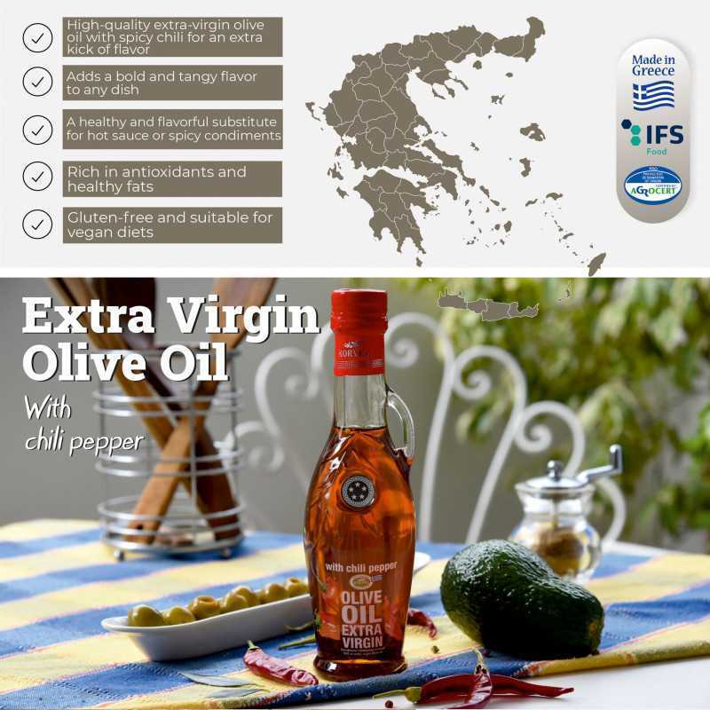 KORVEL MEDITERRANEAN QUALITY PRODUCTS>Grecka oliwa z oliwek Extra Virgin z papryczką chili, KORVEL, szklana butelka Amphora, 250 ml>Oliwa z oliwek extra virgin z dodatkami