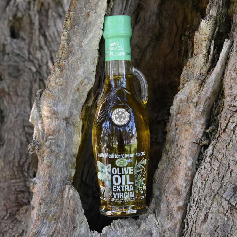 Greek Extra Virgin olive oil with Mediterranean herbs, KORVEL, glass bottle Amphora, 250 ml