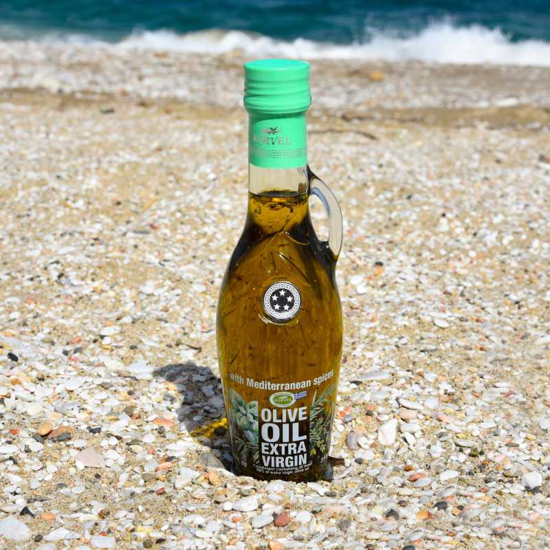 Greek Extra Virgin olive oil with Mediterranean herbs, KORVEL, glass bottle Amphora, 250 ml