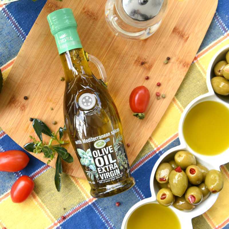 Greek Extra Virgin olive oil with Mediterranean herbs, KORVEL, glass bottle Amphora, 250 ml