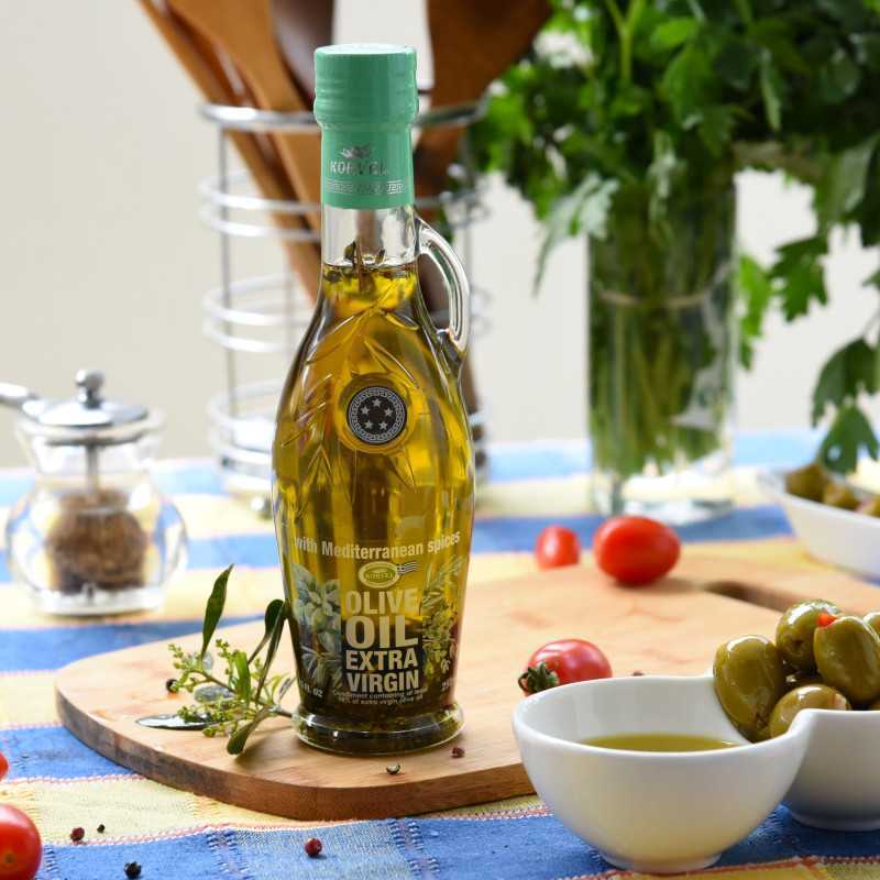 Aceite de oliva virgen extra griego con hierbas mediterráneas, KORVEL, botella de vidrio Amphora, 250 ml