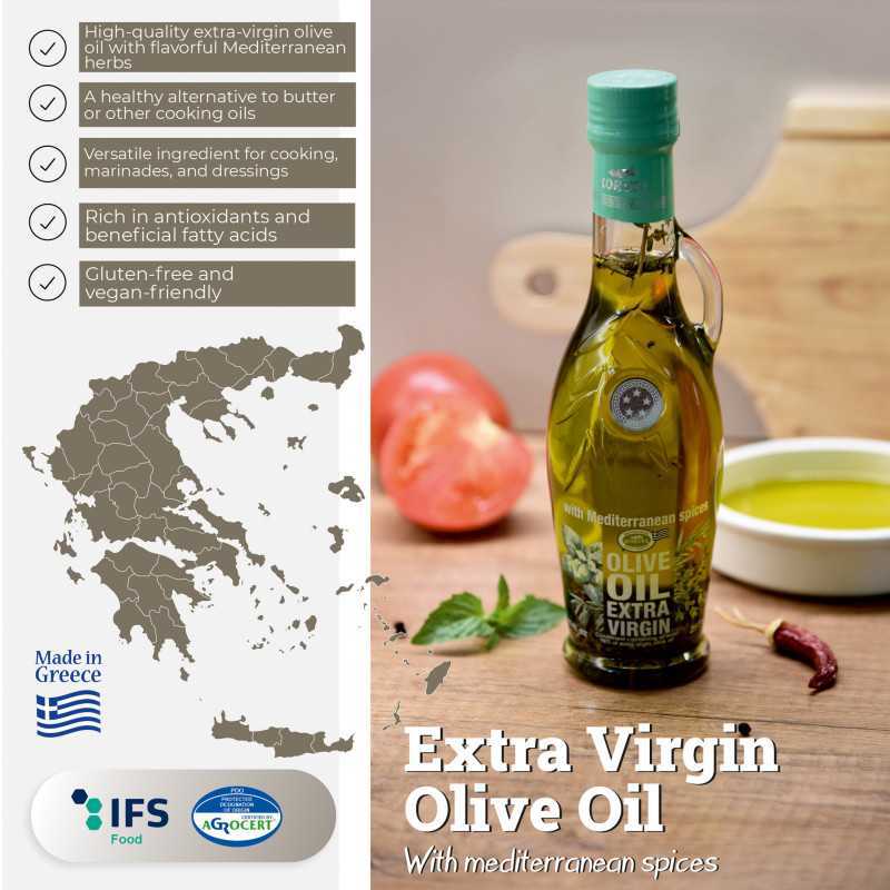 Greek Extra Virgin olive oil with Mediterranean herbs, KORVEL, glass bottle Amphora, 250 ml