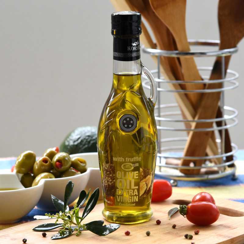 KORVEL MEDITERRANEAN QUALITY PRODUCTS>Graikiškas ypač tyras alyvuogių aliejus su triufelių skoniu, KORVEL, stiklinis buteliukas "Amphora", 250 ml>Užpiltas ypač tyras alyvuogių aliejus