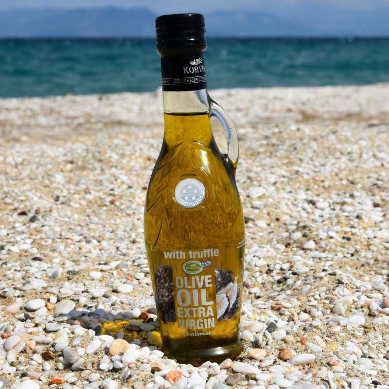 Greek Extra Virgin olive oil with truffle flavored, KORVEL, glass bottle Amphora, 250 ml