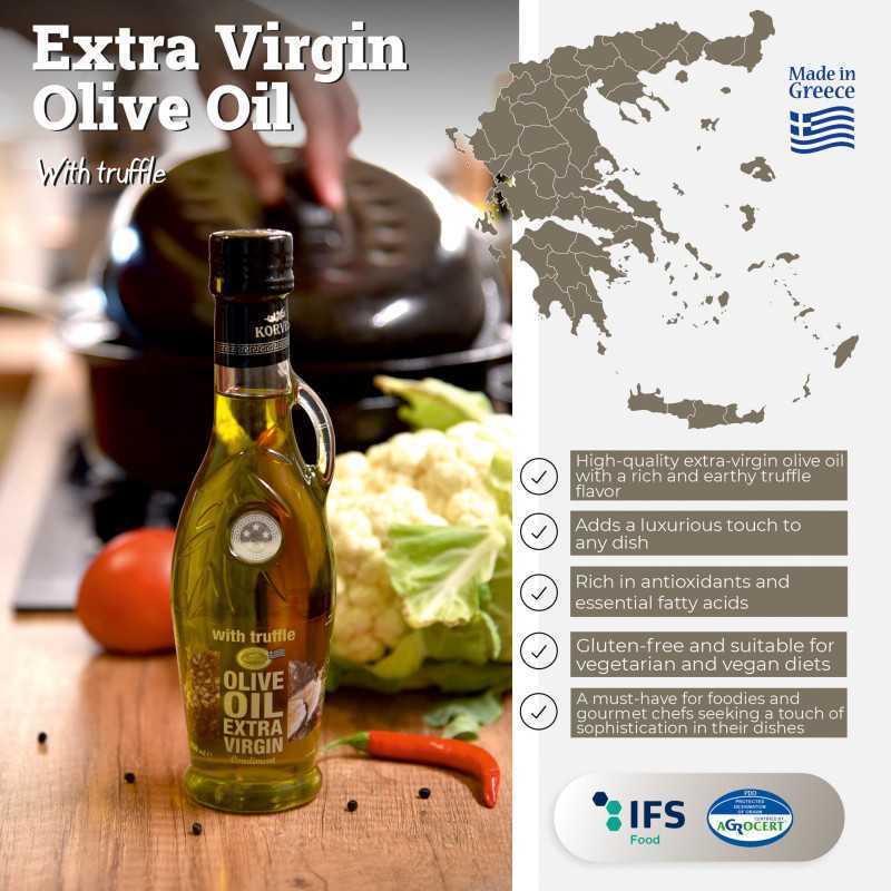 KORVEL MEDITERRANEAN QUALITY PRODUCTS>Graikiškas ypač tyras alyvuogių aliejus su triufelių skoniu, KORVEL, stiklinis buteliukas "Amphora", 250 ml>Užpiltas ypač tyras alyvuogių aliejus