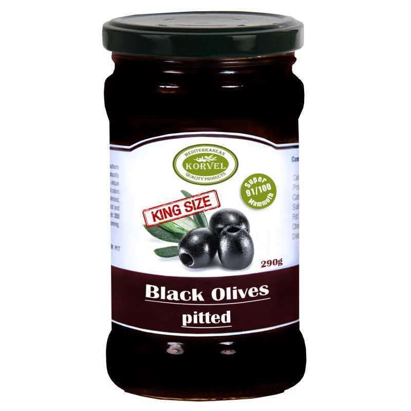 Black oxidized olives pitted size 111/120 Super Colossal, KORVEL, glass jar 290 gr