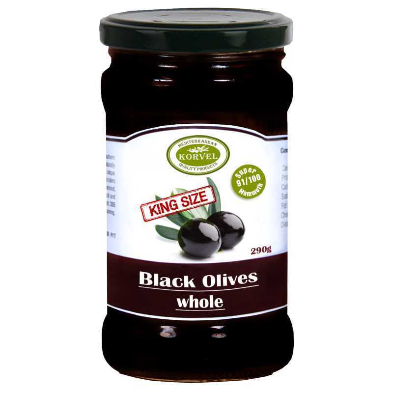 Black oxidized olives whole size 111/120 Super Colossal, KORVEL, glass jar 290 gr