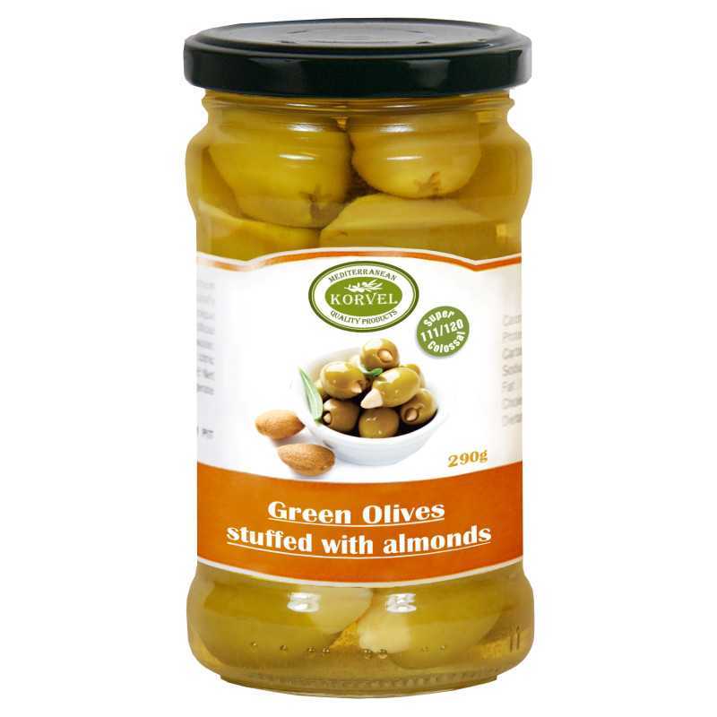 Green olives with almonds size 111/120 Super Colossal, KORVEL, glass jar 290 gr