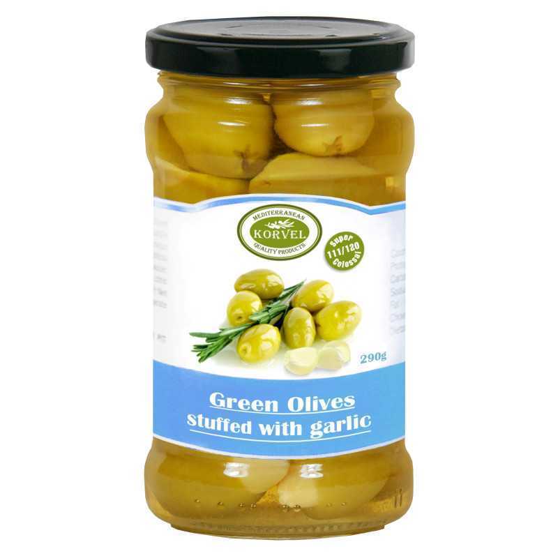 Olives vertes à l'ail taille 111/120 Super Colossal, KORVEL, bocal en verre 290 gr