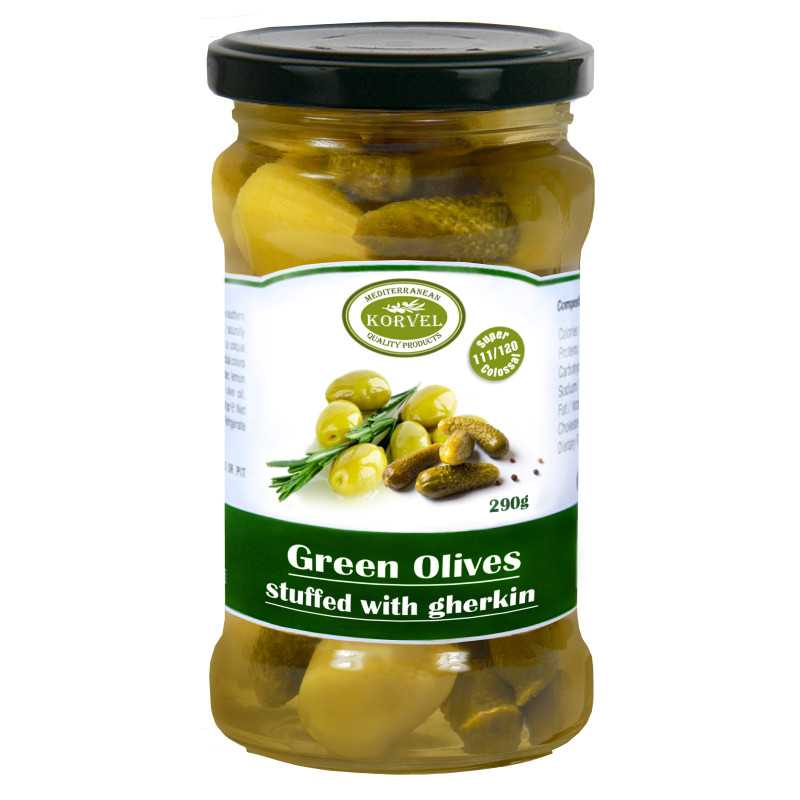 Grüne Oliven mit Gewürzgurken Größe 111/120 Super Colossal, KORVEL, Glasgefäß 290 gr