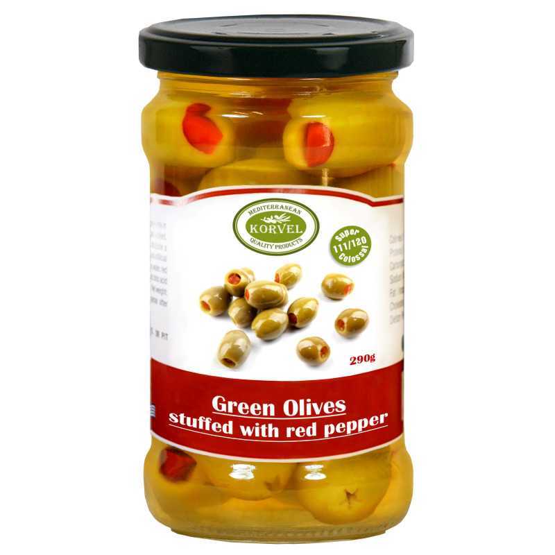 Green olives with sweet red pepper size 111/120 Super Colossal, KORVEL, glass jar 290 gr