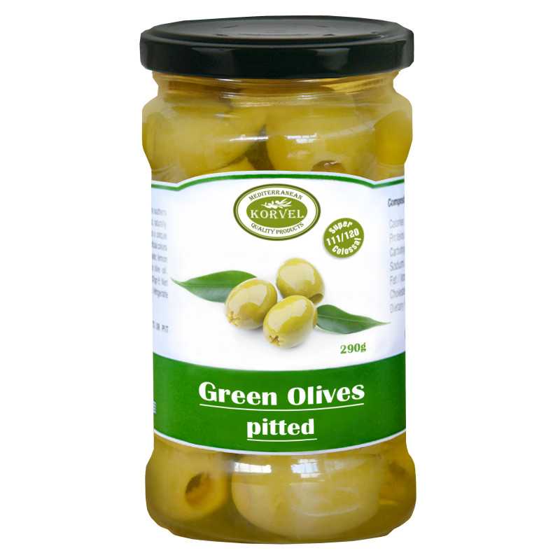 Olives vertes dénoyautées taille 111/120 Super Colossal, KORVEL, bocal en verre 290 gr