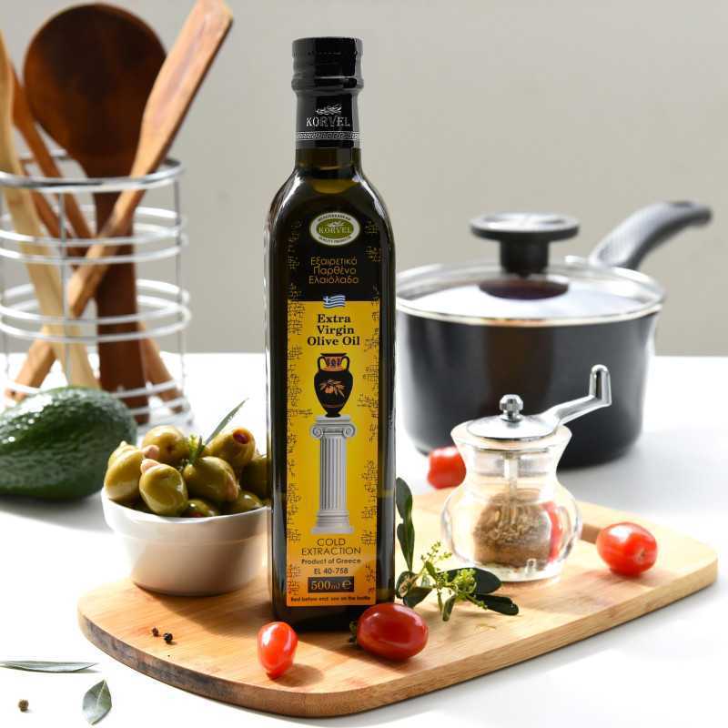 KORVEL MEDITERRANEAN QUALITY PRODUCTS>Graikiškas ypač tyras alyvuogių aliejus, KORVEL, stiklinis butelis Marasca, 500 ml>Ypač tyras alyvuogių aliejus