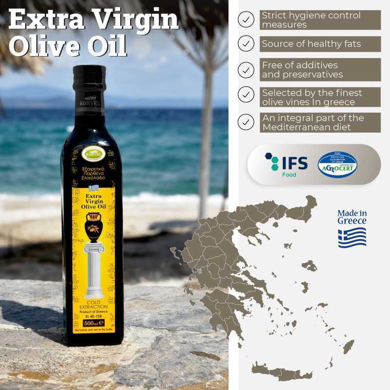 Aceite de oliva virgen extra griego, KORVEL, botella de vidrio Marasca, 500 ml