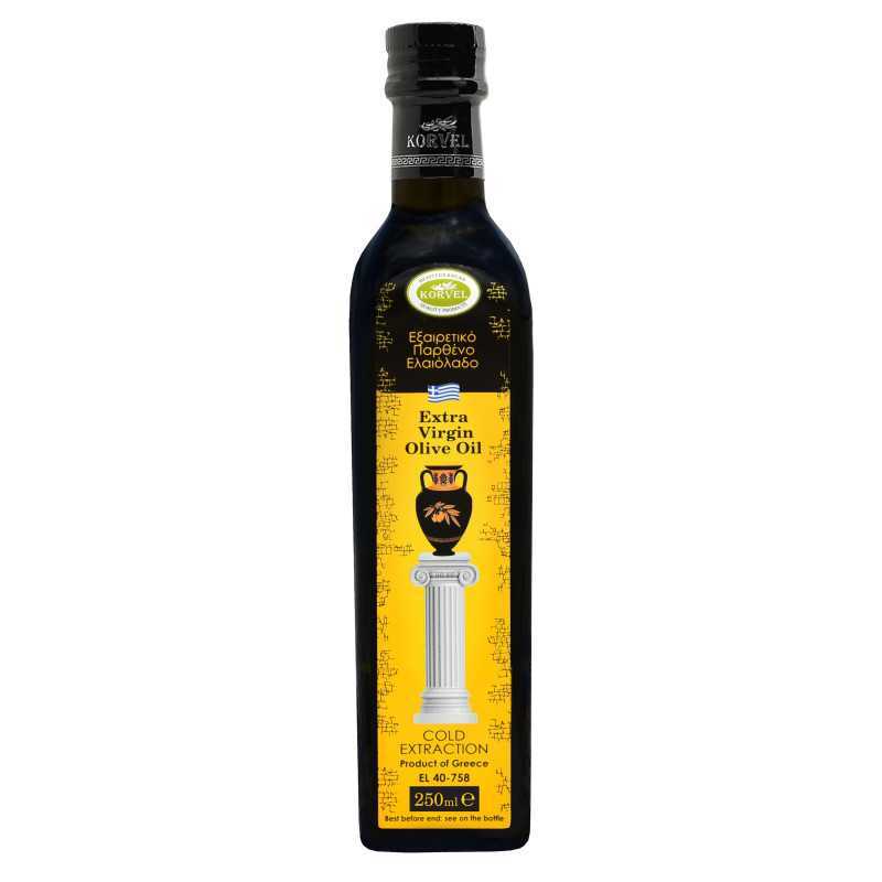 Aceite de oliva virgen extra griego, KORVEL, botella de vidrio Marasca, 250 ml