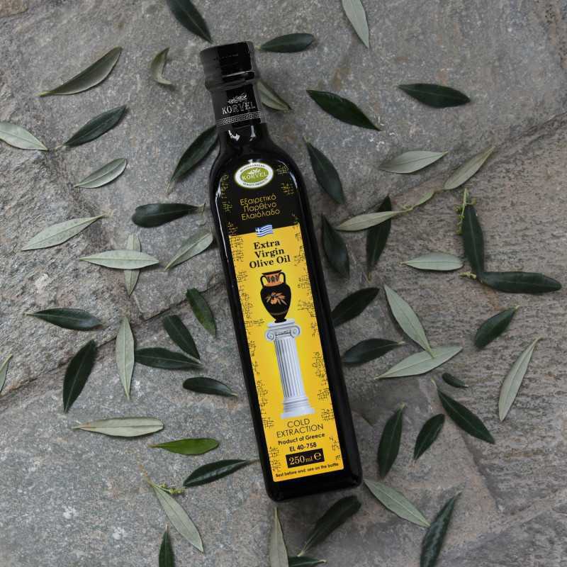 Greek Extra Virgin Olive Oil, KORVEL, glass bottle Marasca, 8.45 FL OZ