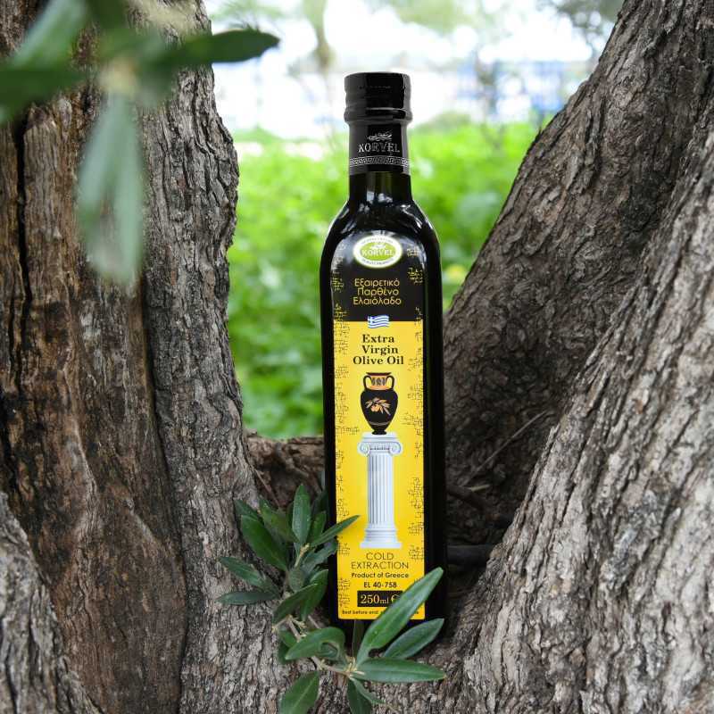 Greek Extra Virgin Olive Oil, KORVEL, glass bottle Marasca, 8.45 FL OZ