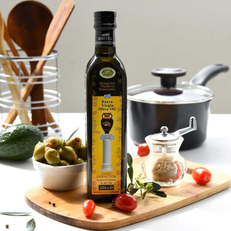 KORVEL MEDITERRANEAN QUALITY PRODUCTS>Graikiškas ypač tyras alyvuogių aliejus, KORVEL, stiklinis buteliukas Marasca, 250 ml>Ypač tyras alyvuogių aliejus