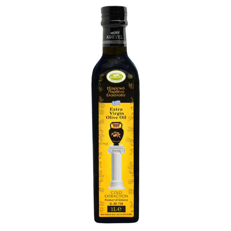 Aceite de oliva virgen extra griego, KORVEL, botella de vidrio Marasca, 1 L