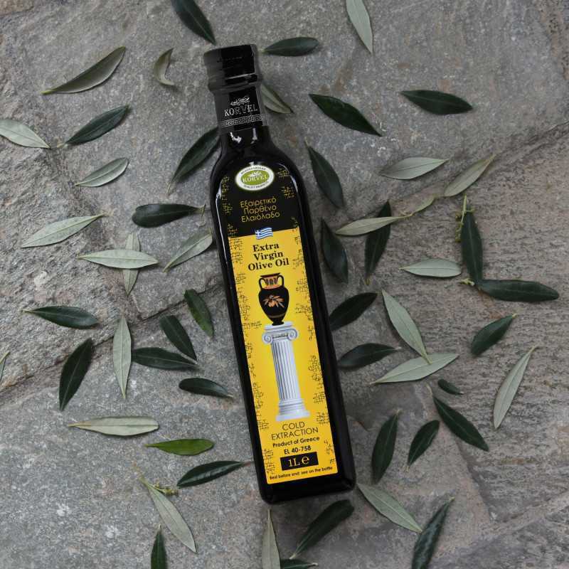 KORVEL MEDITERRANEAN QUALITY PRODUCTS>Graikiškas ypač tyras alyvuogių aliejus, KORVEL, stiklinis butelis "Marasca", 1 L>Ypač tyras alyvuogių aliejus