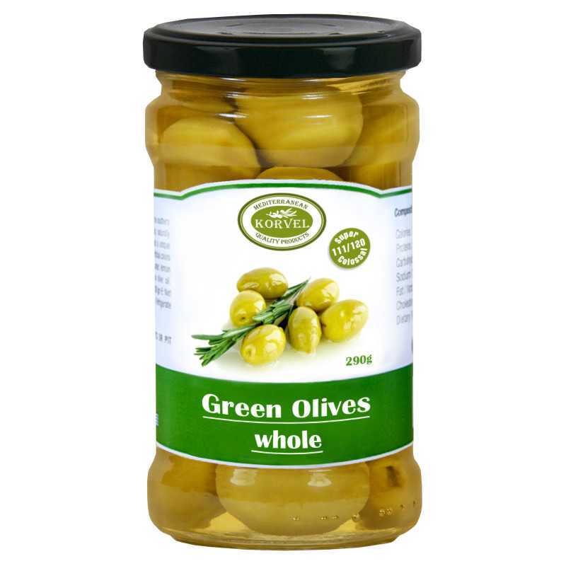 Green olives whole size 111/120 Super Colossal, KORVEL, glass jar 290 gr