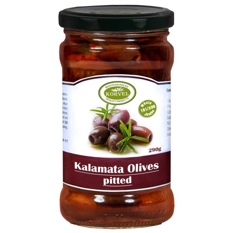 Măsline Kalamata fără sâmburi dimensiune 201/230 Extra Large, KORVEL, borcan de sticlă 290 gr