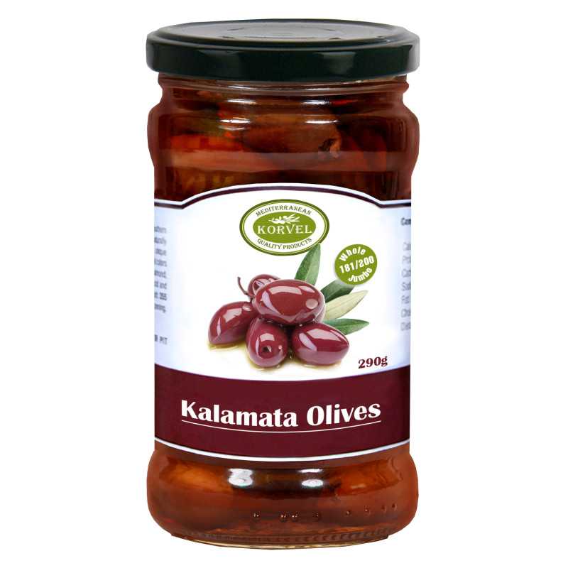 Kalamata oliven hele størrelse 201/230 Extra Large, KORVEL, glas 290 gr