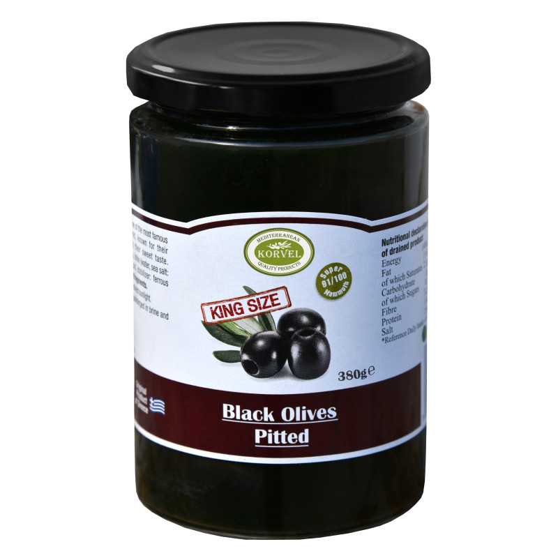 Black oxidized olives pitted size 111/120 Super Colossal, KORVEL, glass jar 380 gr