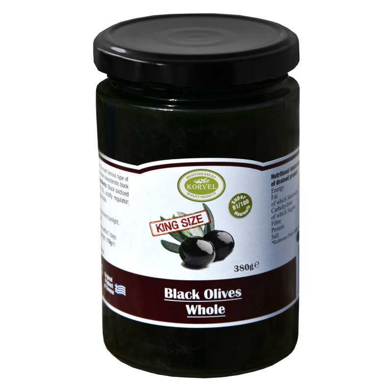 Black oxidized olives whole size 111/120 Super Colossal, KORVEL, glass jar 380 gr