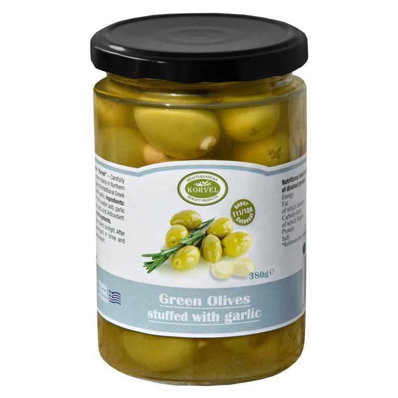 Aceitunas verdes con ajo tamaño 111/120 Super Colossal, KORVEL, tarro de cristal 380 gr