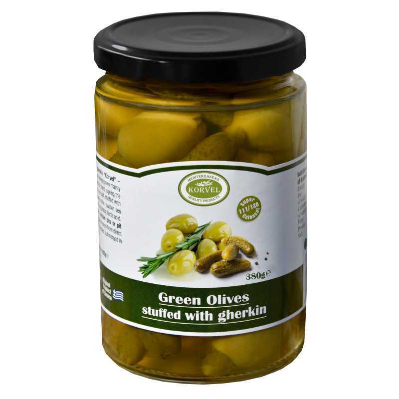 Groene olijven met augurken maat 111/120 Super Colossal, KORVEL, glazen pot 380 gr