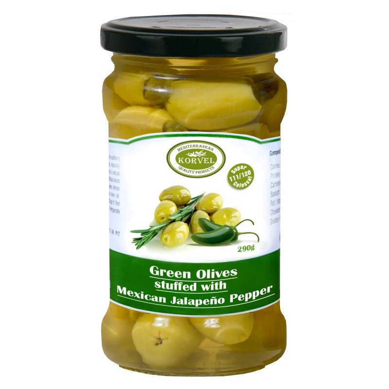 Aceitunas verdes con pimiento jalapeño tamaño 111/120 Super Colossal, KORVEL, tarro de cristal 290 gr