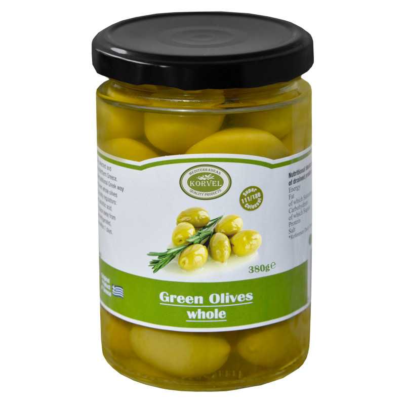 Aceitunas verdes enteras tamaño 111/120 Super Colossal, KORVEL, tarro de cristal 380 gr